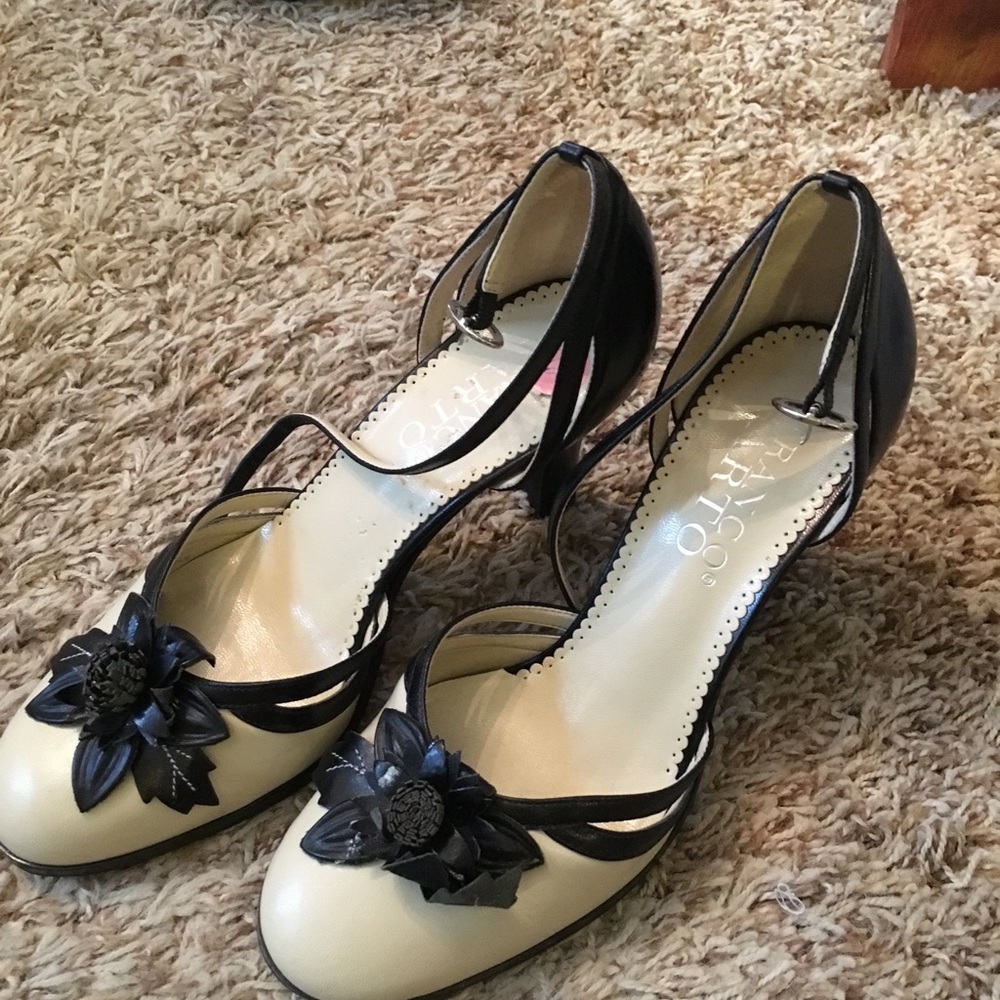 Franco Sarto ankle strap heels (3”); cream & black
